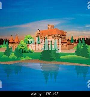 Hand-Zeichnung-Burg und Fluss-Vector Illustration Stock Vektor