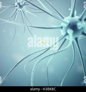 Neuronen Sendesignale in den Kopf auf blauem Hintergrund. Synapse, 3D-Rendering Stockfoto