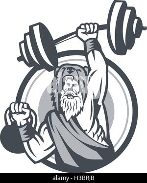 Illustration von einem Berserker, ein Champion nordischen Krieger tragen Fell Bär zum Hautlifting Langhantel und Kettlebell von vorne eingestellt im inneren Kreis auf isolierte Hintergrund getan im retro-Stil angezeigt. Stock Vektor