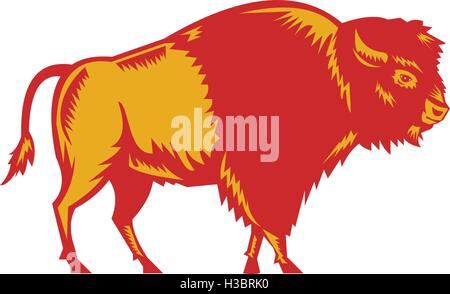 Beispiel für einen amerikanischen Bison Buffalo Stier der Seitenansicht am isolierten weißen Hintergrund in Retro-Holzschnitt Stil getan. Stock Vektor