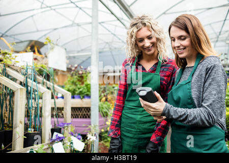 Zwei weibliche Floristen mit Handscanner Stockfoto