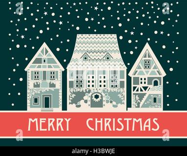 Häuser in der verschneiten Stadt Straße unter Schneefall Stock Vektor