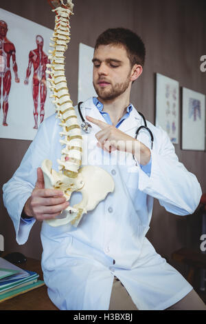 Physiotherapeut erklärt Wirbelsäule Modell Stockfoto