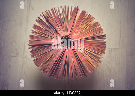 6 alte und gebrauchte Magenta Hardcover Bücher oder Bücher von oben gesehen Stockfoto