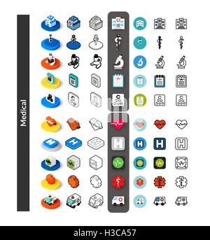 Set von Icons in verschiedenen Stil - isometrische flach und Otline, farbige und schwarze Versionen Stock Vektor