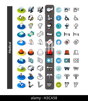 Set von Icons in verschiedenen Stil - isometrische flach und Otline, farbige und schwarze Versionen Stock Vektor