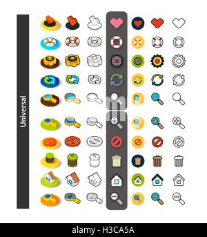 Set von Icons in verschiedenen Stil - isometrische flach und Otline, farbige und schwarze Versionen Stock Vektor