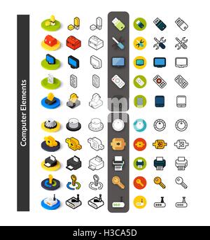Set von Icons in verschiedenen Stil - isometrische flach und Otline, farbige und schwarze Versionen Stock Vektor