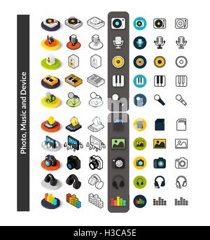 Set von Icons in verschiedenen Stil - isometrische flach und Otline, farbige und schwarze Versionen Stock Vektor