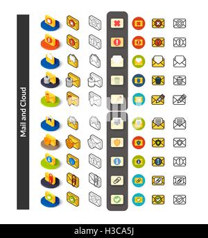 Set von Icons in verschiedenen Stil - isometrische flach und Otline, farbige und schwarze Versionen Stock Vektor