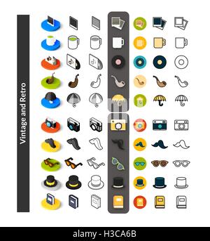 Set von Icons in verschiedenen Stil - isometrische flach und Otline, farbige und schwarze Versionen Stock Vektor