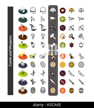 Set von Icons in verschiedenen Stil - isometrische flach und Otline, farbige und schwarze Versionen Stock Vektor
