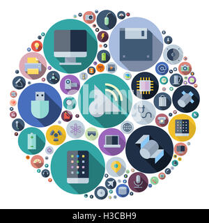 Symbole für Technik und elektronische Geräte, die im Kreis angeordnet. Stockfoto