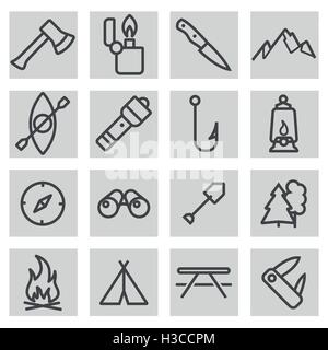 Vektor schwarze Linie camping Symbole auf grauem Hintergrund festlegen Stock Vektor