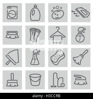 Schwarzen Vektorlinie Reinigung Symbole auf grauem Hintergrund festlegen Stock Vektor