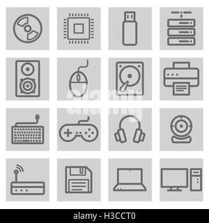 Vektor-schwarze Linie-Computer-Icons auf grauem Hintergrund festlegen Stock Vektor
