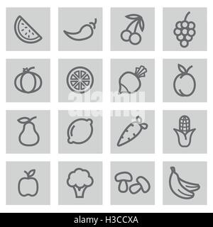 Vektor-schwarze Linie Obst und Gemüse Icons set auf grauem Hintergrund Stock Vektor