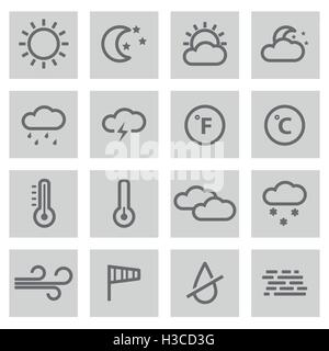 Vektor schwarze Linie Wettersymbole eingestellt auf grauem Hintergrund Stock Vektor
