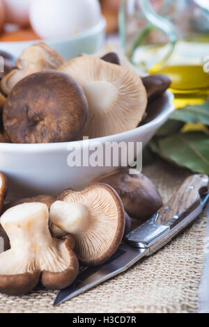König Trompete Pilze und Zutaten für das Kochen auf den Tisch der Küche Stockfoto