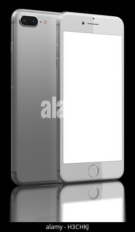 Silber SmartPhone Plus mit dual Fotokamera auf schwarzem Hintergrund. Geräte, leeren Bildschirm angezeigt. Stockfoto