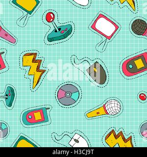 Retro-Stil hand gezeichnete Musterdesign mit 80er und 90er Jahren Videospiel Technologie Patch Symbole. Handy, Musik, TV und vieles mehr. Stock Vektor