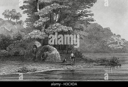 Wigwams des Feuers am Hafen Esperanza, Canal Magdalena, Tierra Del Fuego. 19. Jahrhundert Stahlstich von Lemaitre Direxit. Stockfoto