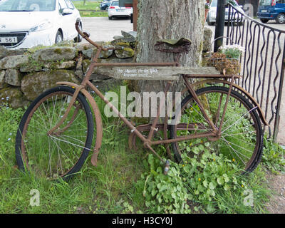 alte rostige Bicyckle lehnt sich an die drei mit schöne Blume zurück Stockfoto