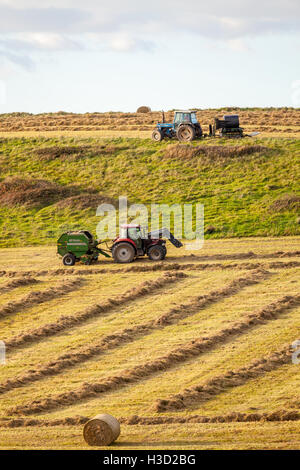 Herstellung von Heulage im Oktober an der Küste von Pembrokeshire. Stockfoto