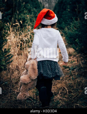 Rückansicht des Mädchen mit Teddy Bär zu Fuß auf Feld Stockfoto