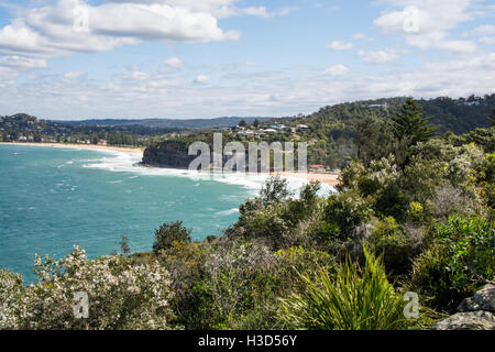 Blick nach Süden vom Norden Bilgola Kopf mit Bilgola Beach auf der rechten Seite und Newport Beach in mittlerer Entfernung. Stockfoto