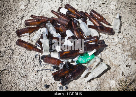 Weggeworfene Bierflaschen in Wüste, Nahaufnahme Stockfoto