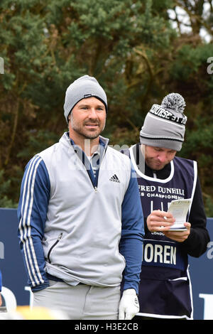 St. Andrews, Schottland, Vereinigtes Königreich, 07, Oktober 2016. Alex Noren, Übernachtung führend in der Alfred Dunhill Links Championship am ersten Abschlag in Kingsbarns zu Beginn der Runde zwei Credit: Ken Jack / Alamy Live News Stockfoto