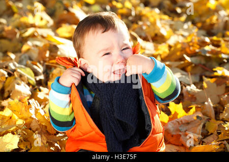 kleine jungen Weinen Porträt auf dem Hintergrund der Herbst Blätter Stockfoto