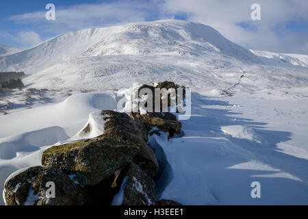 Weiße Coomb (ein Corbett) im Winterschnee, Grey Mare Tail Nature Reserve, in der Nähe von Moffat, Dumfries & Galloway, Schottland. Stockfoto