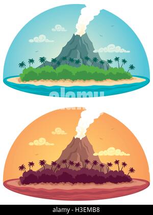 Clip Art Illustration der tropischen Insel mit rauchenden Vulkan in 2 Farbvarianten. Stock Vektor