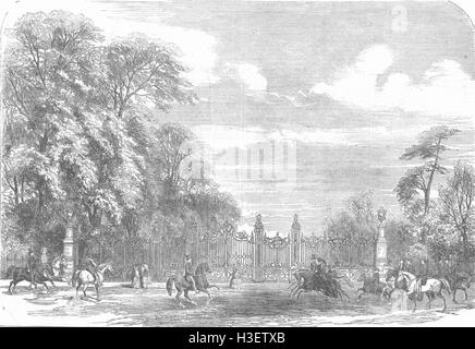 LONDON Hyde Park-Coalbrookdale Gates, Rotten Row 1854. Illustrierte London News Stockfoto