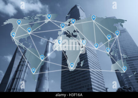 Karte Pin flaches Netz oben Weltkarte mit Verbindungsleitung Partnerschaft Netzwerk. Netzwerk-Verbindung-Partnerschaft-Konzept. Stockfoto