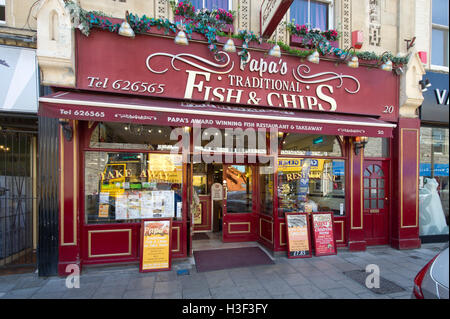 Papas traditionelle Fish and Chips Restaurant, Weston-Super-Mare, Somerset. Stockfoto