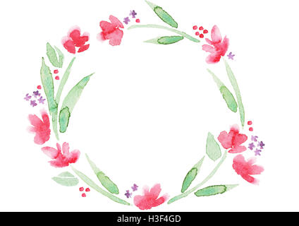 Hand gezeichnet Aquarell Blumen Kranz, rosa Blüten und Blätter, isoliert auf weißem Hintergrund Stockfoto
