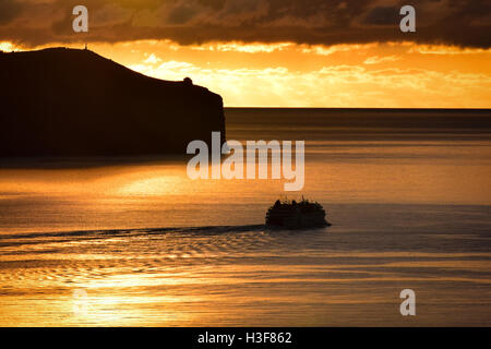 Sonnenaufgang über ein ruhiges Meer als ein Boot geht an Segeln, Funchal, Madeira Stockfoto