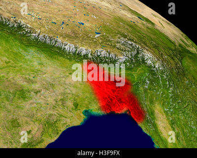 Bangladesch aus dem Weltraum in rot. 3D Illustration mit detailreichen, realistischen Planetenoberfläche. Elemente dieses Bildes von eingerichtet Stockfoto