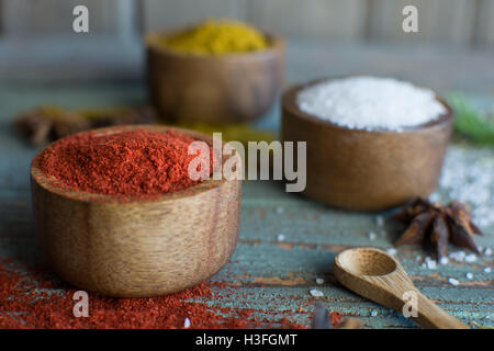 Gewürze. Kräuter. Curry, Salz, Pfeffer Safran, Kurkuma, Tandori Masala und andere auf einem hölzernen rustikalen Hintergrund. Große Sammlung von Stockfoto