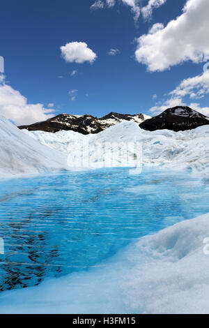 Kleiner See am Perito Moreno Glaciar gebildet vom Sommer Eis schmelzen mit einer typischen blauen Farbe durch Lichtabsorption Stockfoto