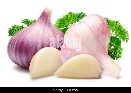 Ganze Knoblauch Zwiebeln mit geschweiften Petersilie. Schneidepfad, Schatten getrennt Stockfoto