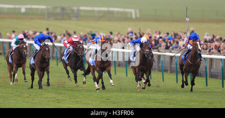 Churchill (Mitte) geritten von Ryan Moore geht auf Win The Dubai Dewhurst Stakes tagsüber zwei von Dubai Future Champions Festival in Newmarket Racecourse. Stockfoto