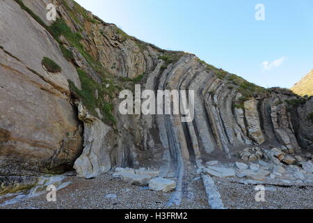 Eine Nahaufnahme der Felsformation auf Man of War Bay zeigen alle die verschiedenen Gesteinsschichten senkrecht. Stockfoto