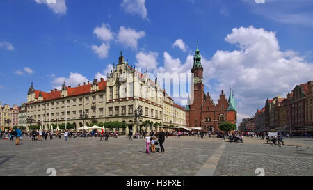 Rathaus von Breslau - Wroclaw, das alte gotische Rathaus und Hauptplatz Stockfoto