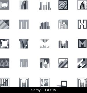 Grauen Business Logo set mit 3d Effekt Gebäude für corporate Identity-Design, Immobilien-Vektor-Icons Stock Vektor