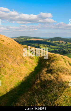 Herbstsonne auf Caer Caradoc Eisenzeit Wallburg in der Nähe von Kapelle Rasen, Clun, Shropshire, England, UK. Stockfoto