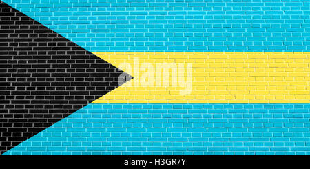 Bahamaische Nationalsymbol. Patriotische Hintergrunddesign. Flagge der Bahamas auf Ziegel Wand Textur Hintergrund Stockfoto